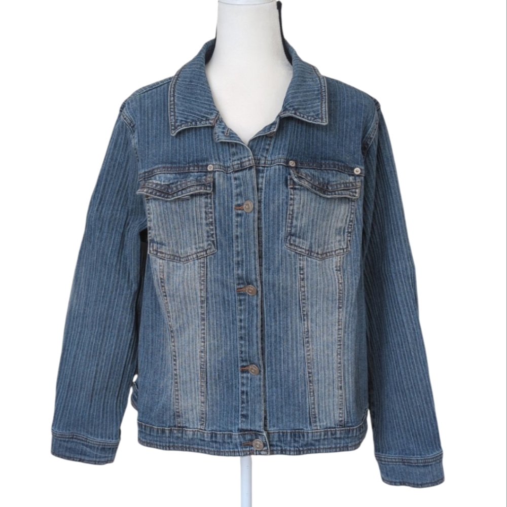 Vtg. Gitano Distressed Striped Stretch Truckers Jean Jacket 18W Blue Pockets